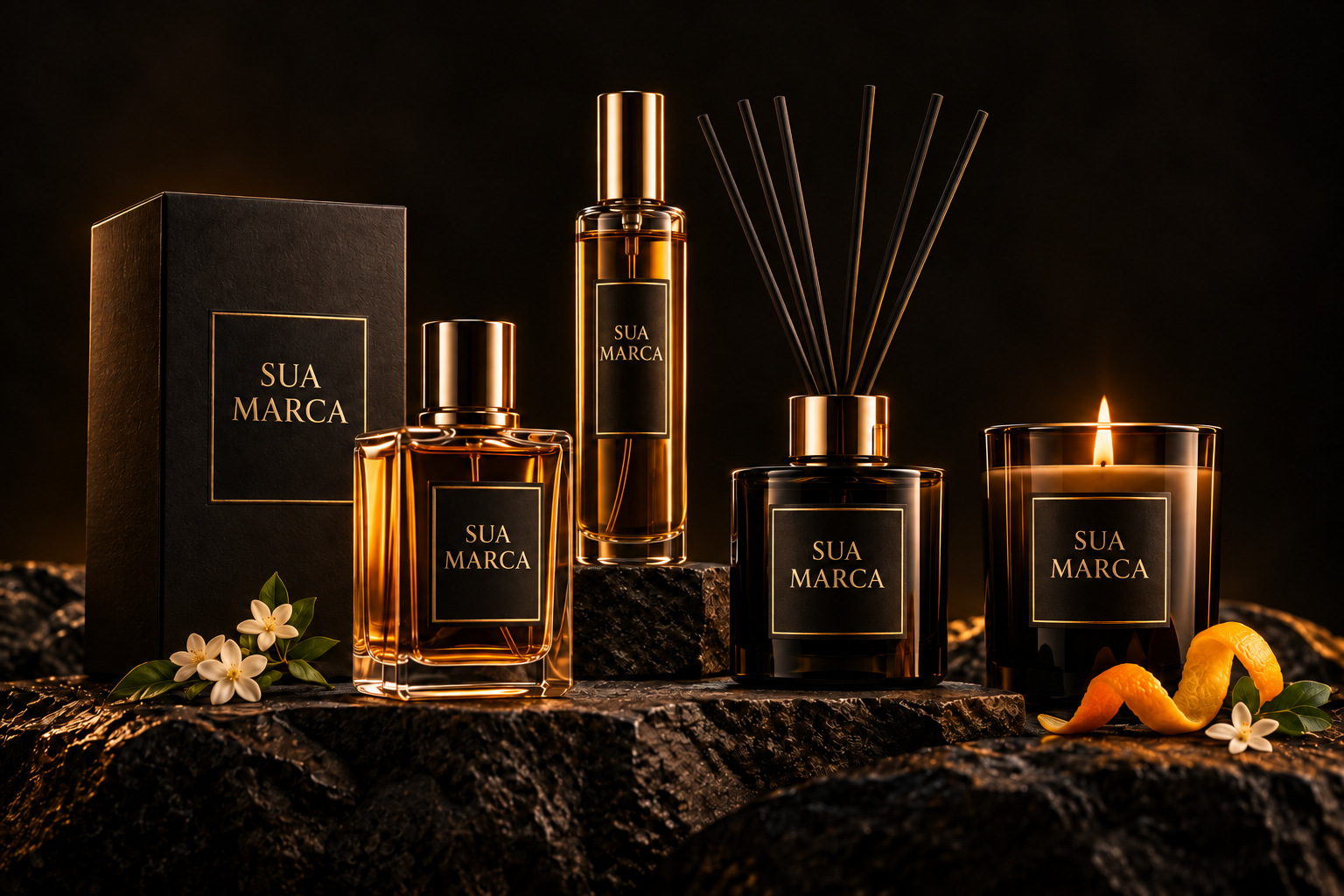 Coleção de perfumaria, home spray, difusor e vela com a inscrição Sua Marca nos rótulos e na embalagem